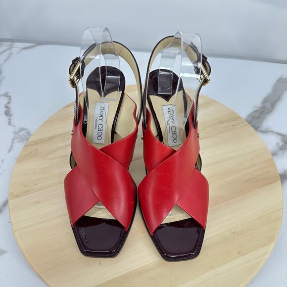 JIMMY CHOO Platform Sandal AIX 125 Red Leather Wood Heels Gold Patent Size 40 - Picture 2 of 12